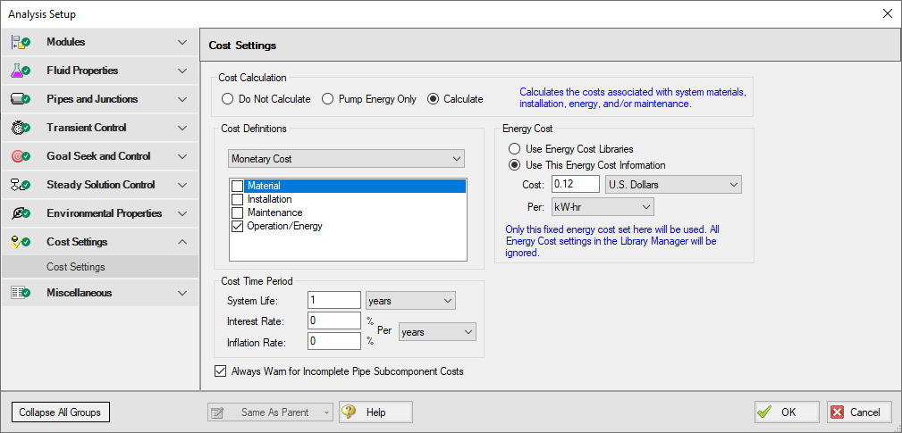 The Cost Settings window with Operation/Energy Costs defined.